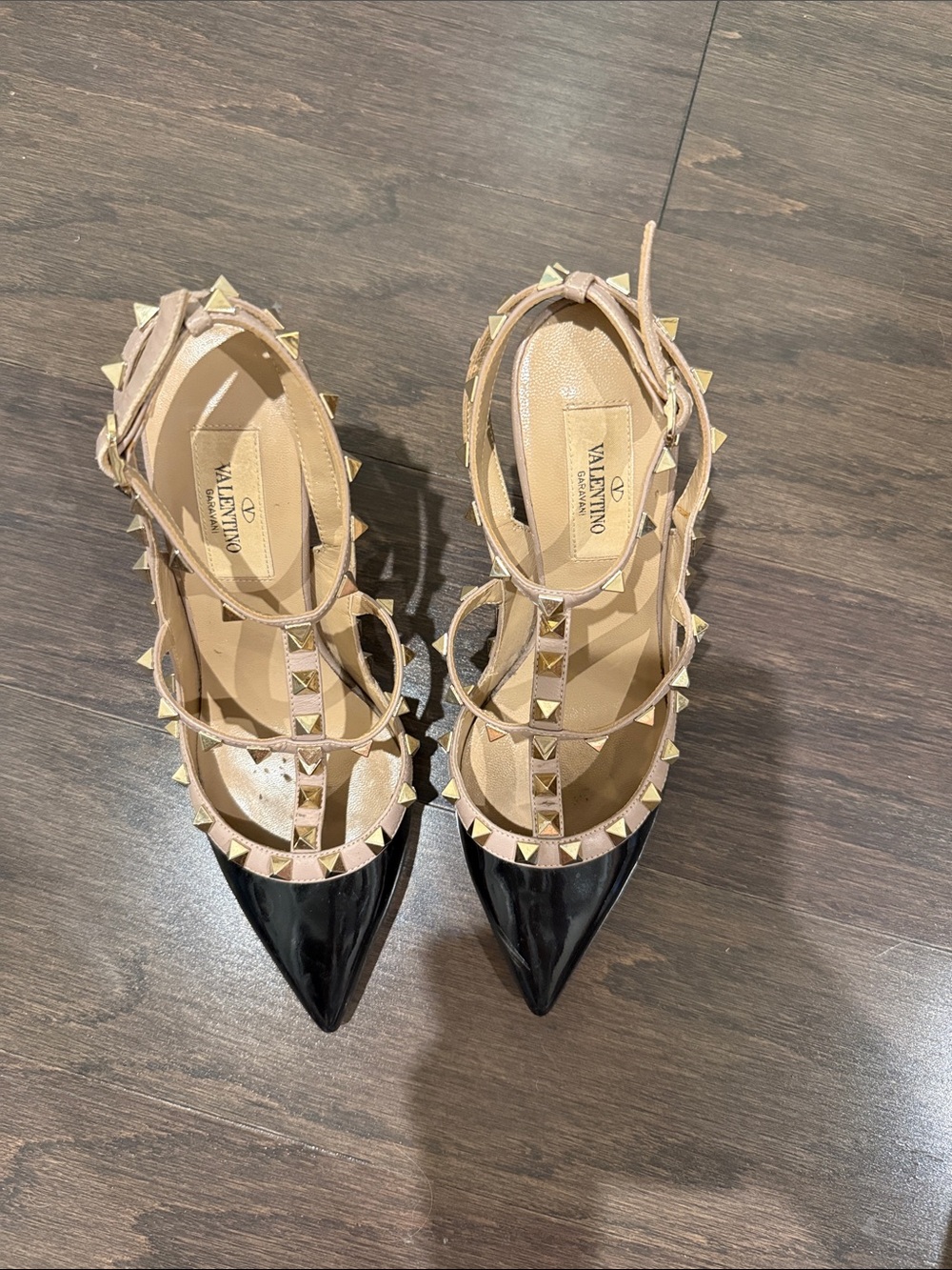Valentino Two-Tone Rockstud Pointed T-Strap Pumps - Black & Nude